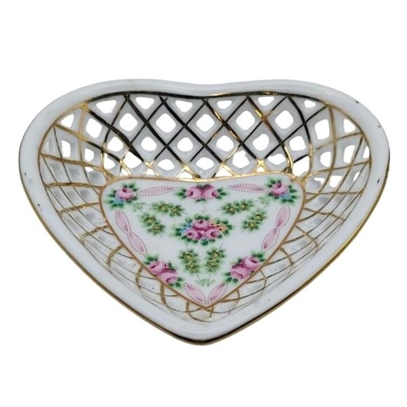 Source Unknown Other - Vintage Reticulated Open Lace Hand Painted Porcelain Heart-Shaped Trinket Dish